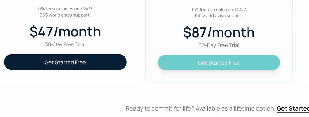 ThriveCart pricing cards on the month-to-month toggle showing Standard at 47 dollars a month and Pro Plus at 87 dollars a month, with the lifetime licence as a text link below