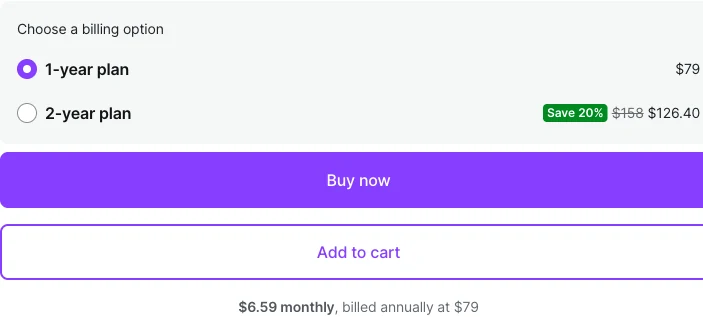 WooCommerce marketplace billing box showing 6.59 dollars monthly billed annually at 79 dollars