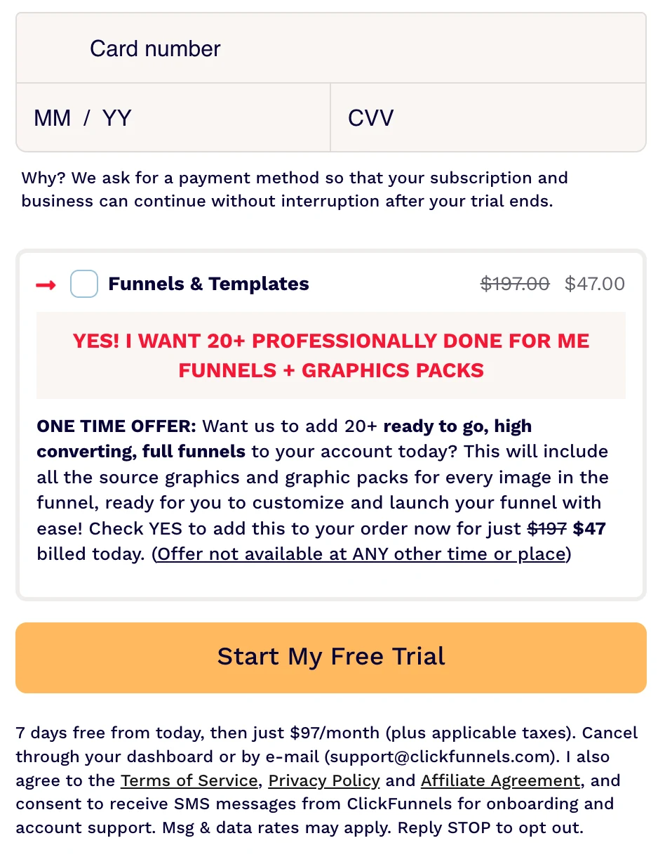 ClickFunnels Launch monthly signup checkout with card fields, a Funnels and Templates add-on at $47 and a 7 days free line, and no coupon field