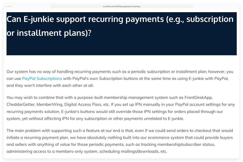E-junkie help page answering whether E-junkie supports recurring payments, saying its system has no way of handling them