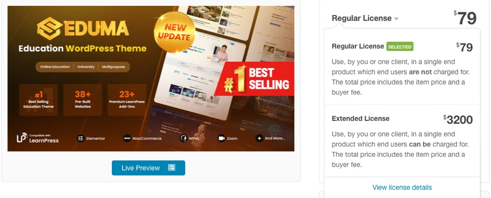 Eduma's ThemeForest listing with the banner promising LearnPress add-ons, the Regular License at $79 for products end users are not charged for, and the Extended License at $3,200