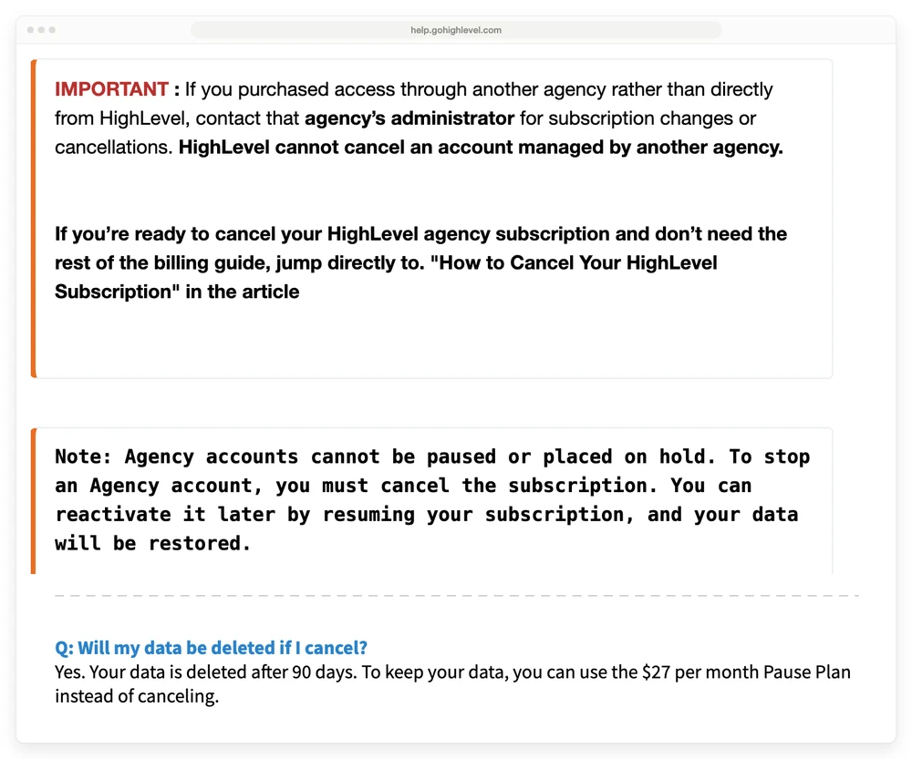 GoHighLevel's billing help article: a note near the top saying agency accounts cannot be paused, and an FAQ at the bottom offering the $27 per month Pause Plan