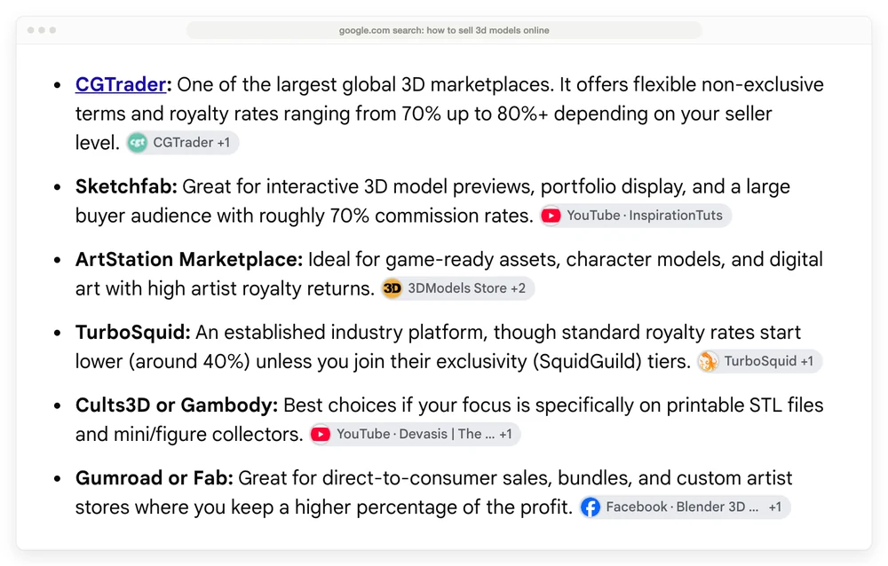Google AI Overview for how to sell 3d models online, recommending CGTrader at 70% to 80%, Sketchfab at roughly 70%, ArtStation, TurboSquid, Cults3D and Fab
