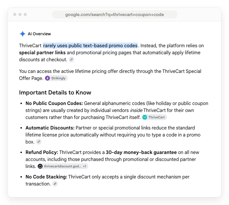 Google AI Overview for thrivecart coupon code claiming a 30-day money-back guarantee on all new ThriveCart accounts