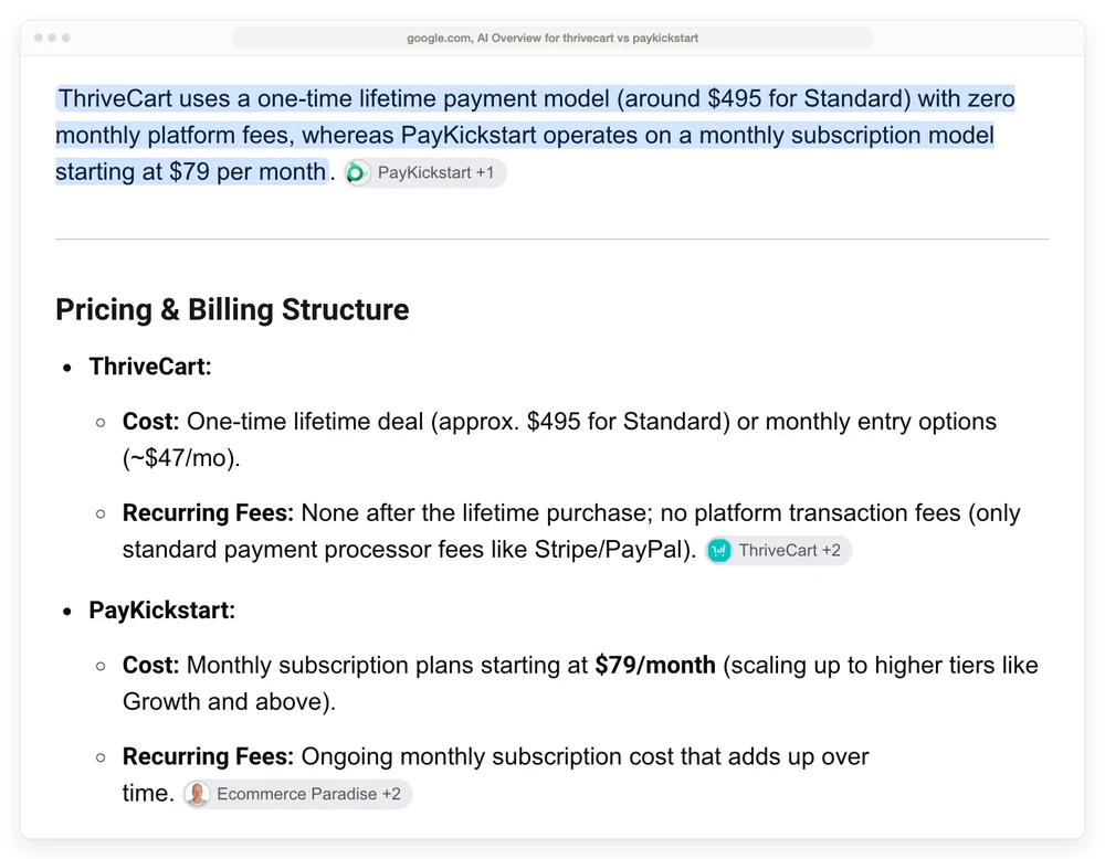 Google AI Overview for thrivecart vs paykickstart describing ThriveCart as a one-time lifetime payment of around 495 dollars with no platform transaction fees and PayKickstart as starting at 79 dollars per month