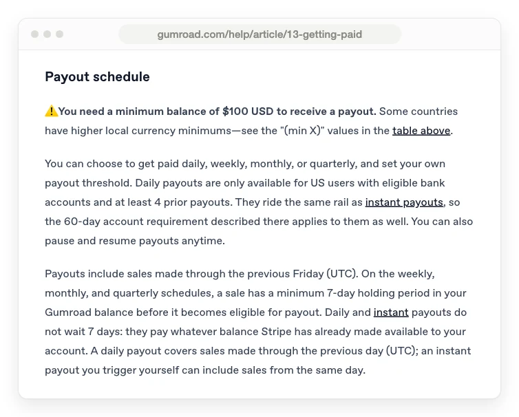 Gumroad help center payout schedule showing the $100 minimum balance and the 7-day holding period