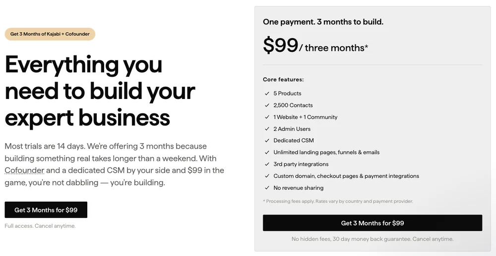 Kajabi offer page for 3 months for 99 dollars, showing the Basic plan limits of 5 products and 2,500 contacts and a 30 day money back guarantee