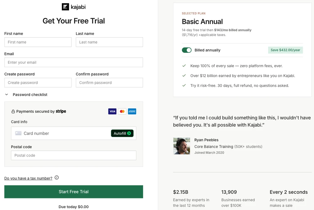 Kajabi signup checkout for Basic on yearly billing, with no coupon or promo code field