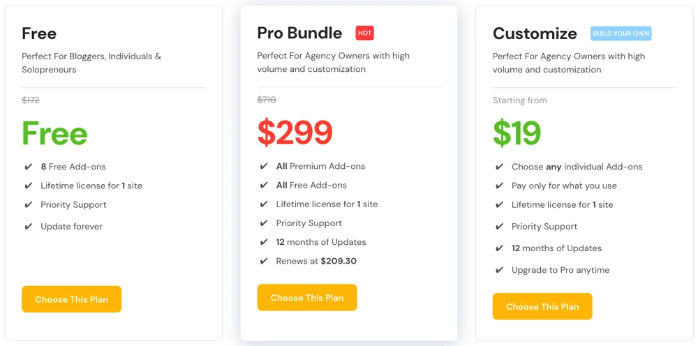 LearnPress pricing cards: the free plan with a lifetime licence for 1 site, and the Pro Bundle at $299 with $710 struck through and a renewal of $209.30