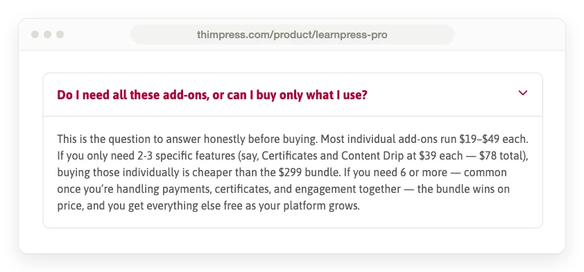 ThimPress's LearnPress Pro Bundle FAQ answer saying most add-ons run $19 to $49 each and that the $299 bundle wins on price for buyers who need 6 or more add-ons