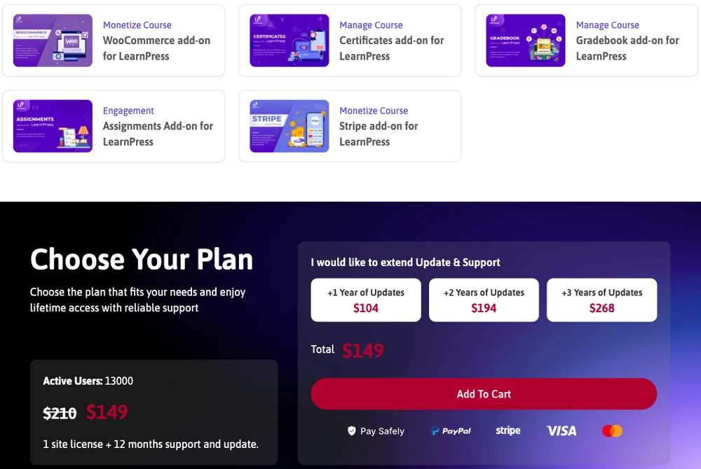 LearnPress Semi-Pro Bundle page showing its 5 add-ons, the $149 price marked down from $210, and extra years of updates at $104, $194 and $268