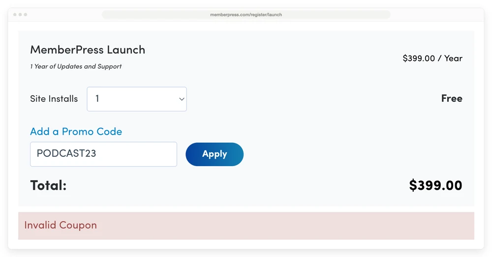 MemberPress checkout showing Invalid Coupon for the code PODCAST23, total still $399