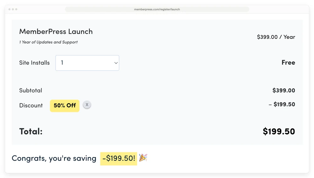 MemberPress Launch checkout with the 50% WELCOME discount already applied, total $199.50