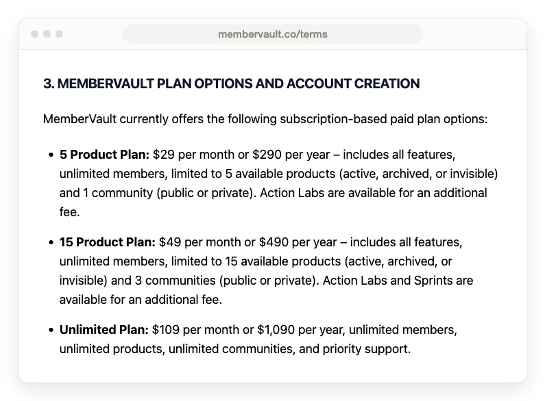 Section 3 of MemberVault's Terms and Conditions, listing the 5 Product plan as limited to 5 available products, active, archived, or invisible