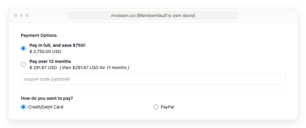 MemberVault's checkout for the Unlimited Lifetime plan, offering $2,750.00 paid in full or $291.67 a month for 12 months