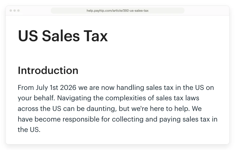 Payhip help centre page on US sales tax, handled from July 1st 2026