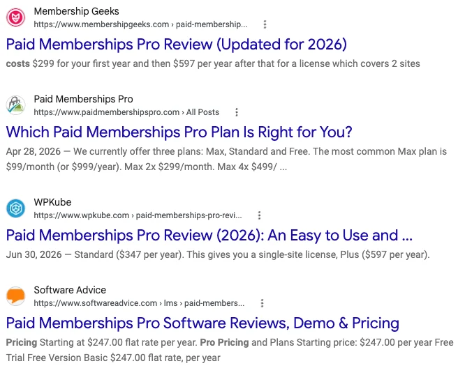 Google results for paid memberships pro pricing where Membership Geeks quotes $299 then $597, WPKube quotes Standard at $347 and Plus at $597, and Software Advice quotes $247 a year