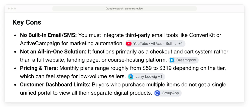 Google AI Overview for samcart review quoting SamCart monthly plans from $59 to $319