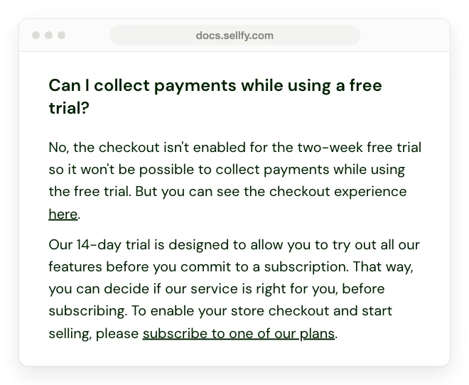 Sellfy help center answer saying the checkout is not enabled during the 2-week free trial