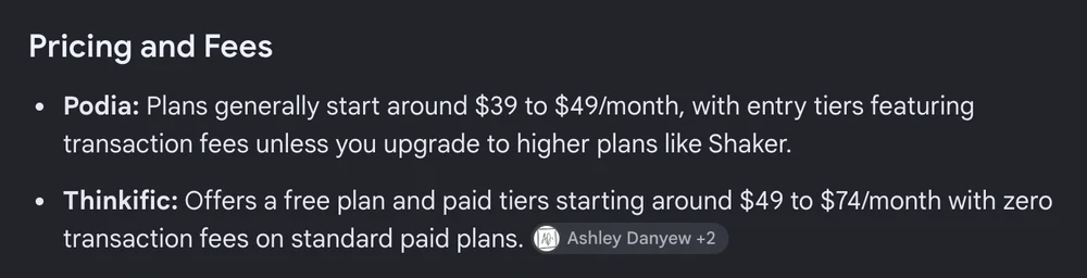 Google's AI Overview for a Thinkific vs Podia search, saying Podia plans start around $39 to $49 a month and Thinkific offers a free plan plus paid tiers from $49 to $74 a month with zero transaction fees