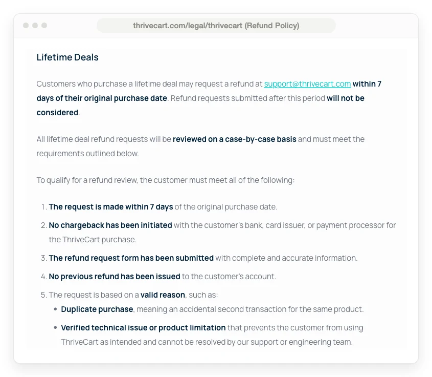 ThriveCart refund policy for lifetime deals showing a 7-day refund window, case-by-case review and a list of requirements