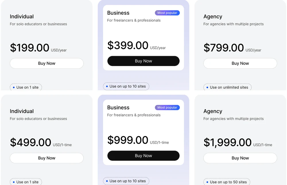 Tutor LMS pricing page showing Individual, Business and Agency plans on yearly and one-time billing