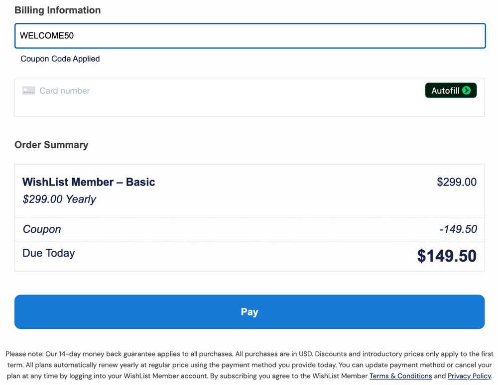 WishList Member checkout with the WELCOME50 coupon applied: Basic plan $299.00 yearly, coupon minus $149.50, $149.50 due today