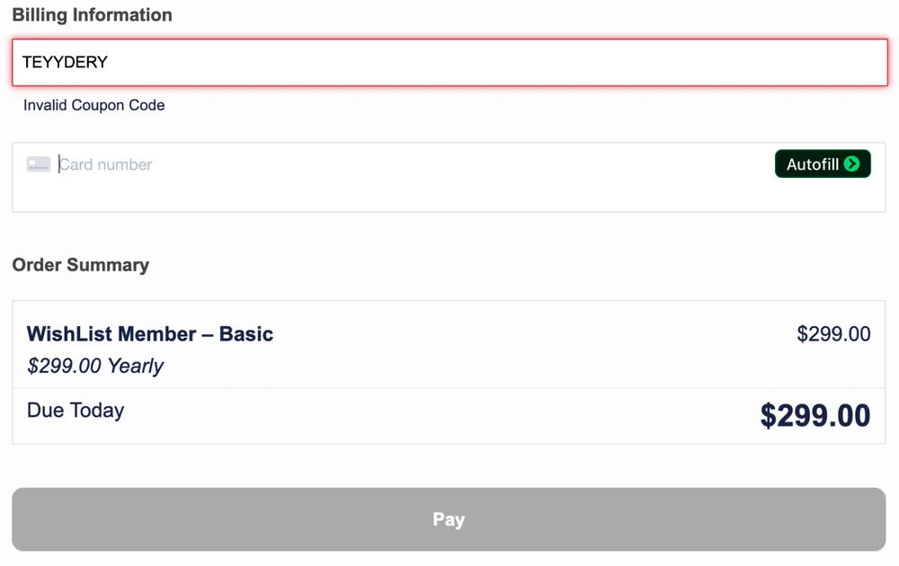 WishList Member checkout rejecting the coupon code TEYYDERY with the message Invalid Coupon Code and $299.00 due today